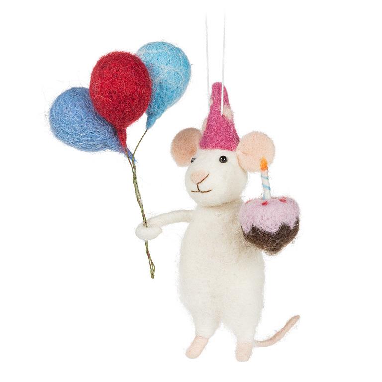 Felt Birthday Mouse with Balloons & Cake Ornament