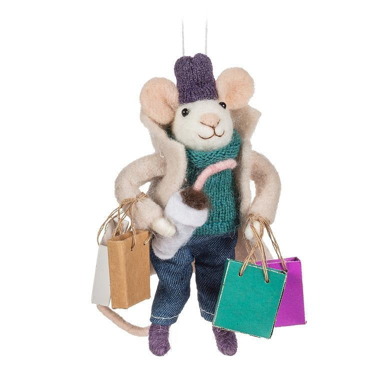 Shopping Mouse Ornament with Bags & Festive Latte