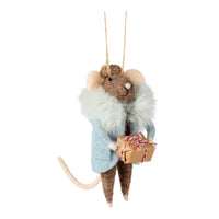 Felt Mouse Ornament with Fur Jacket and Gift Box
