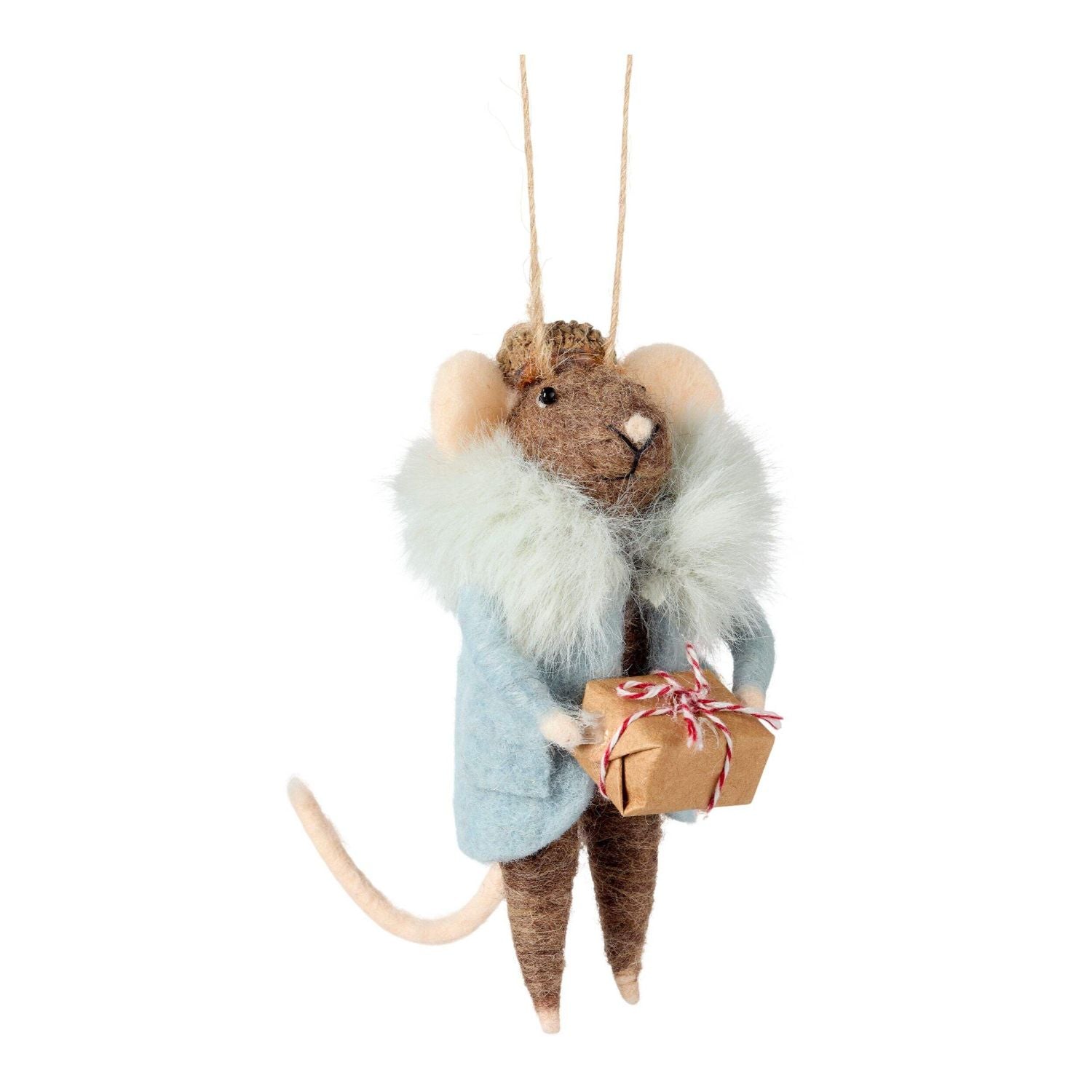Felt Mouse Ornament with Fur Jacket and Gift Box