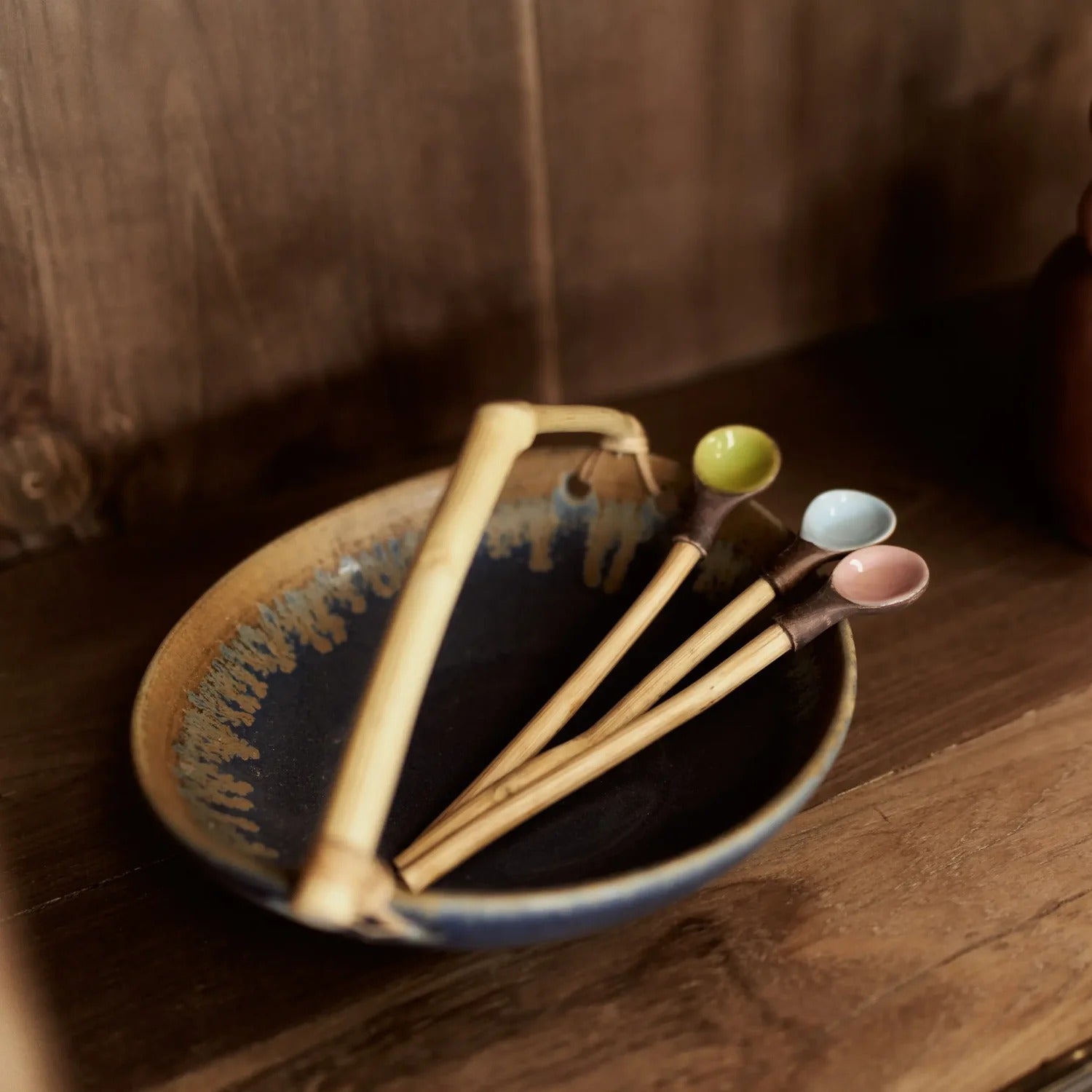 Ceramic and Wood Dish - Blue / Brown / Green