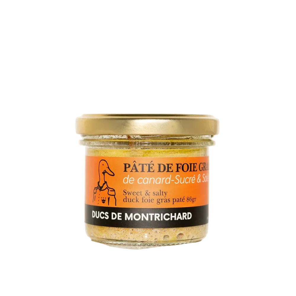 Jar of Ducs de Montrichard duck foie gras páté on a white background