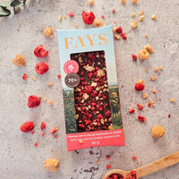Chocolat noir et duo de framboises du Québec 80g