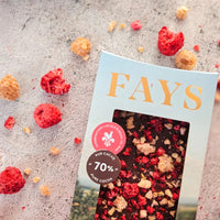 Chocolat noir et duo de framboises du Québec 80g