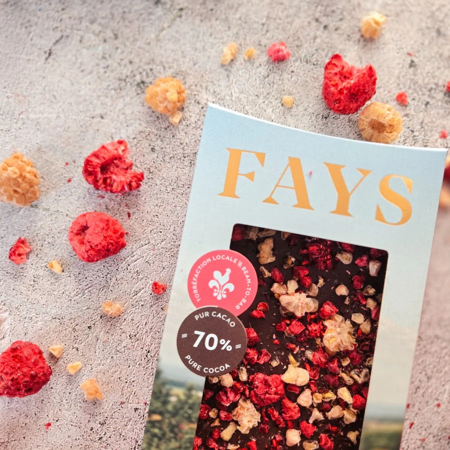 Chocolat noir et duo de framboises du Québec 80g