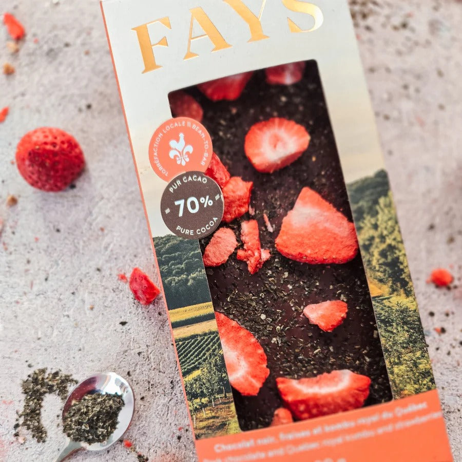 Tablette de chocolat noir aux fraises et au kombu royal 80g