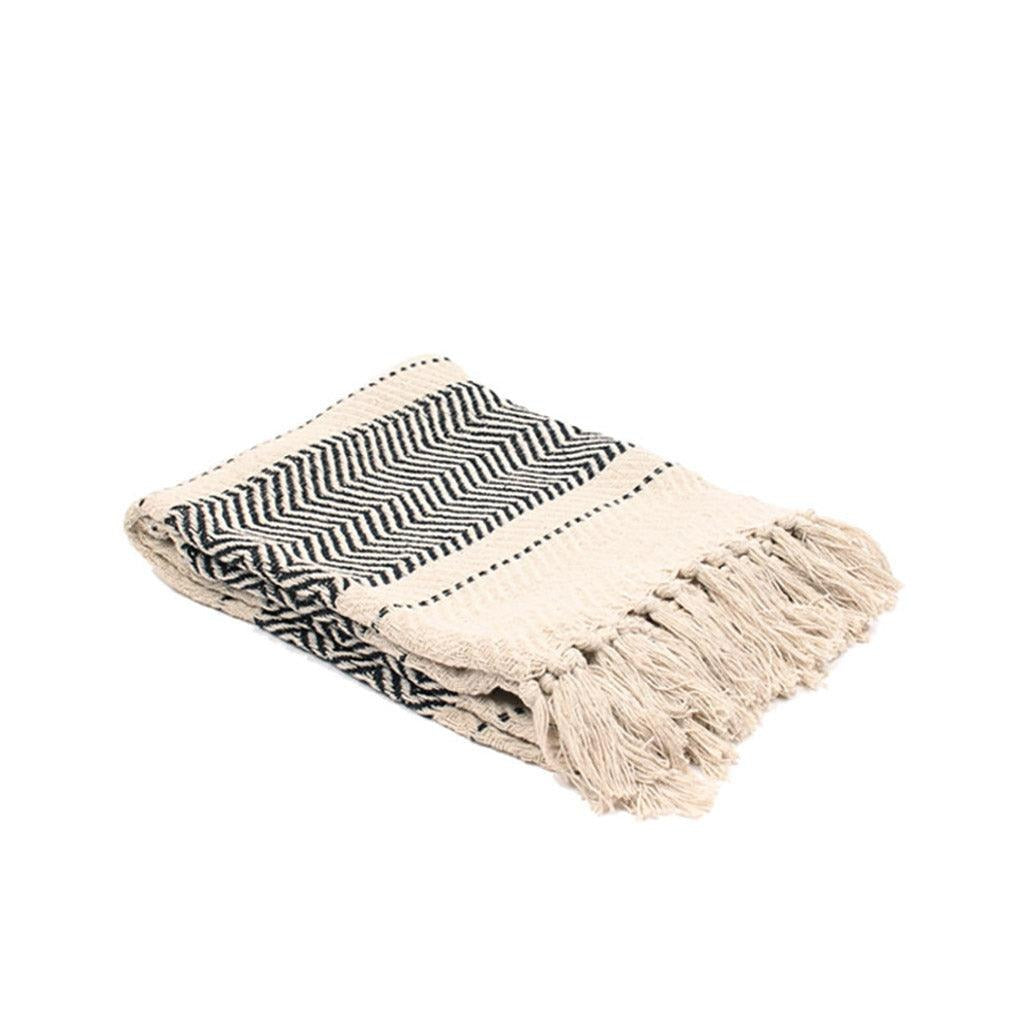 Jeté tissé en coton à rayures chevron - Noir