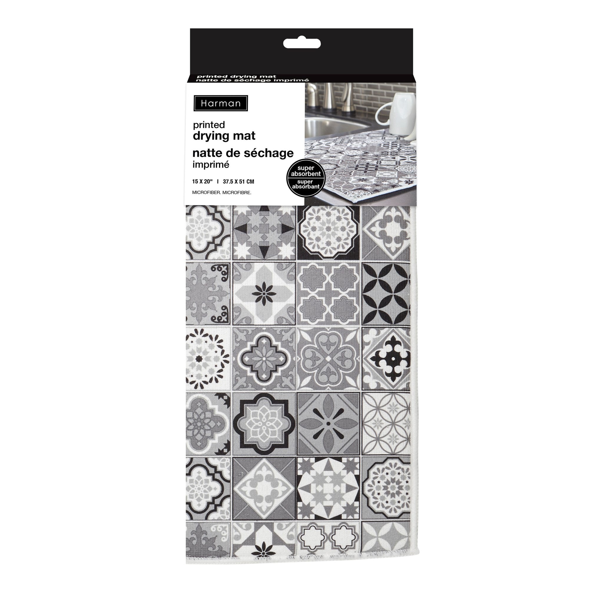 Spanish Tile Printed Drying Mat Black 15" x 20"