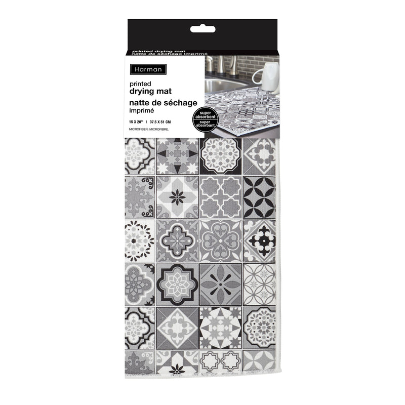 Spanish Tile Printed Drying Mat Black 15" x 20"