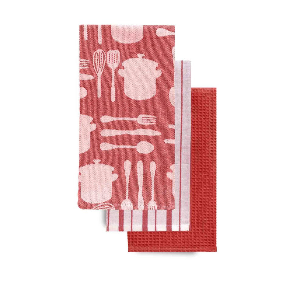 Lot de 3 torchons de cuisine jacquard à motifs d'ustensiles - Piment