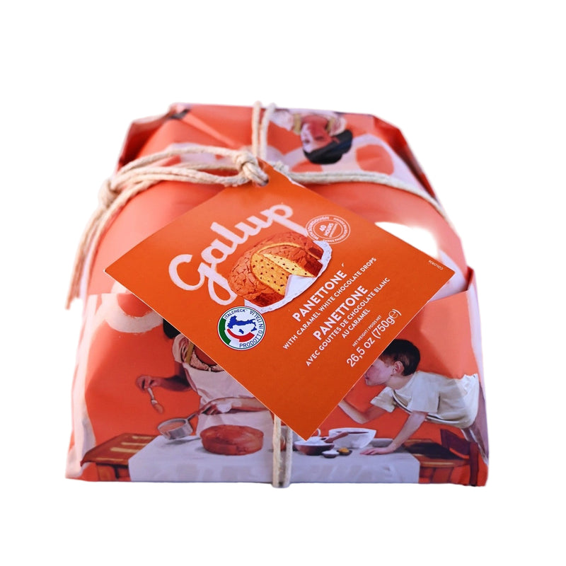 Galup panettone packaging with an orange label on a light blue background