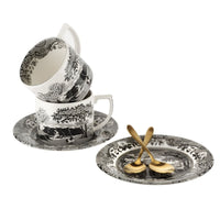 Set of 2 Black Italian Teacups & Spoons Gift Set