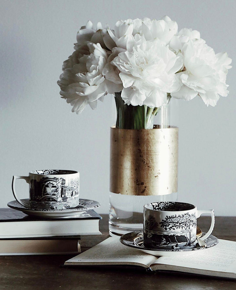 Set of 2 Black Italian Teacups & Spoons Gift Set