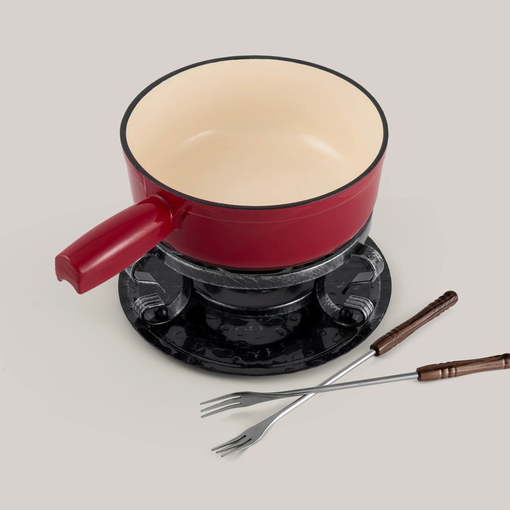 Ensemble à fondue au fromage en fonte émaillée rouge cerise Lugano