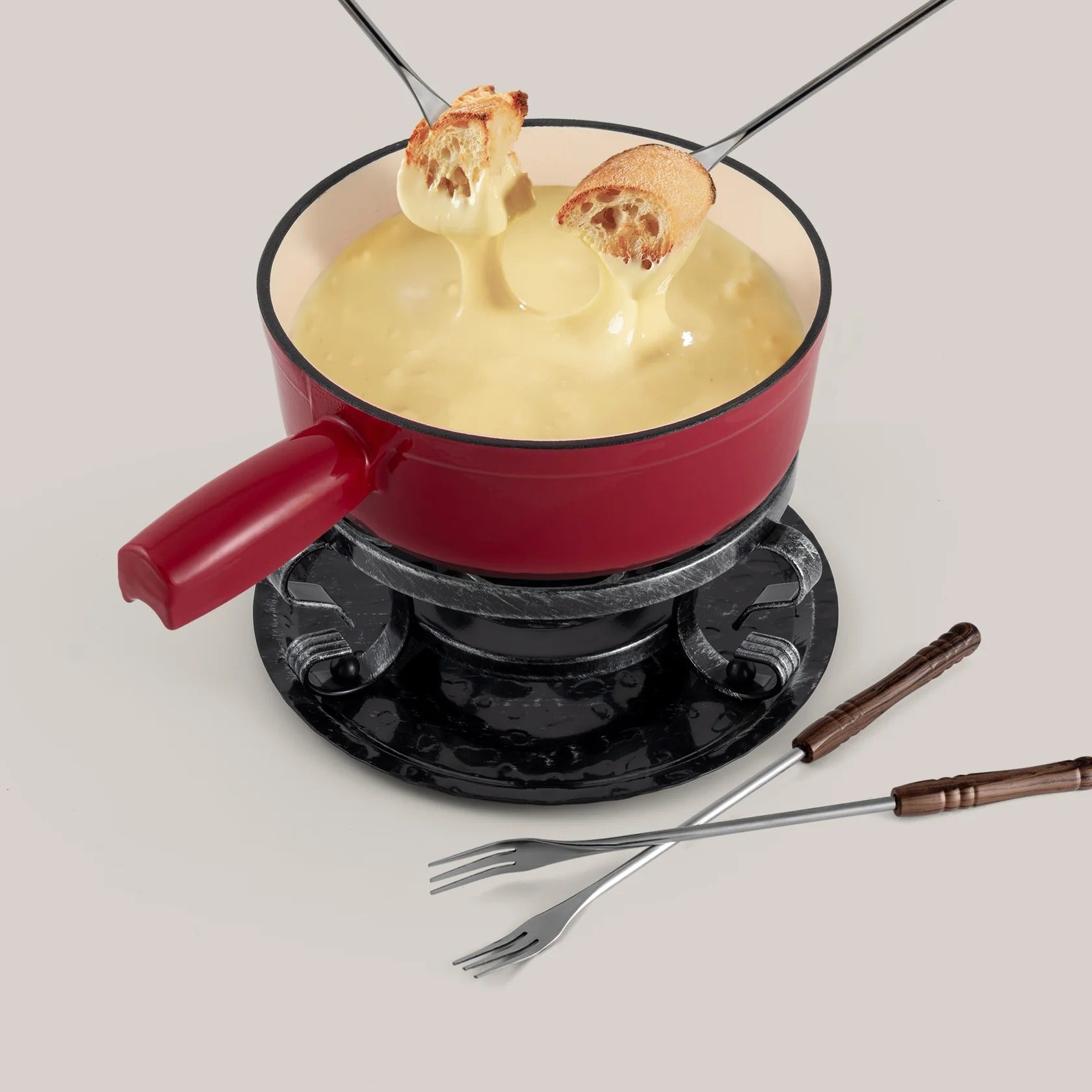 Ensemble à fondue au fromage en fonte émaillée rouge cerise Lugano