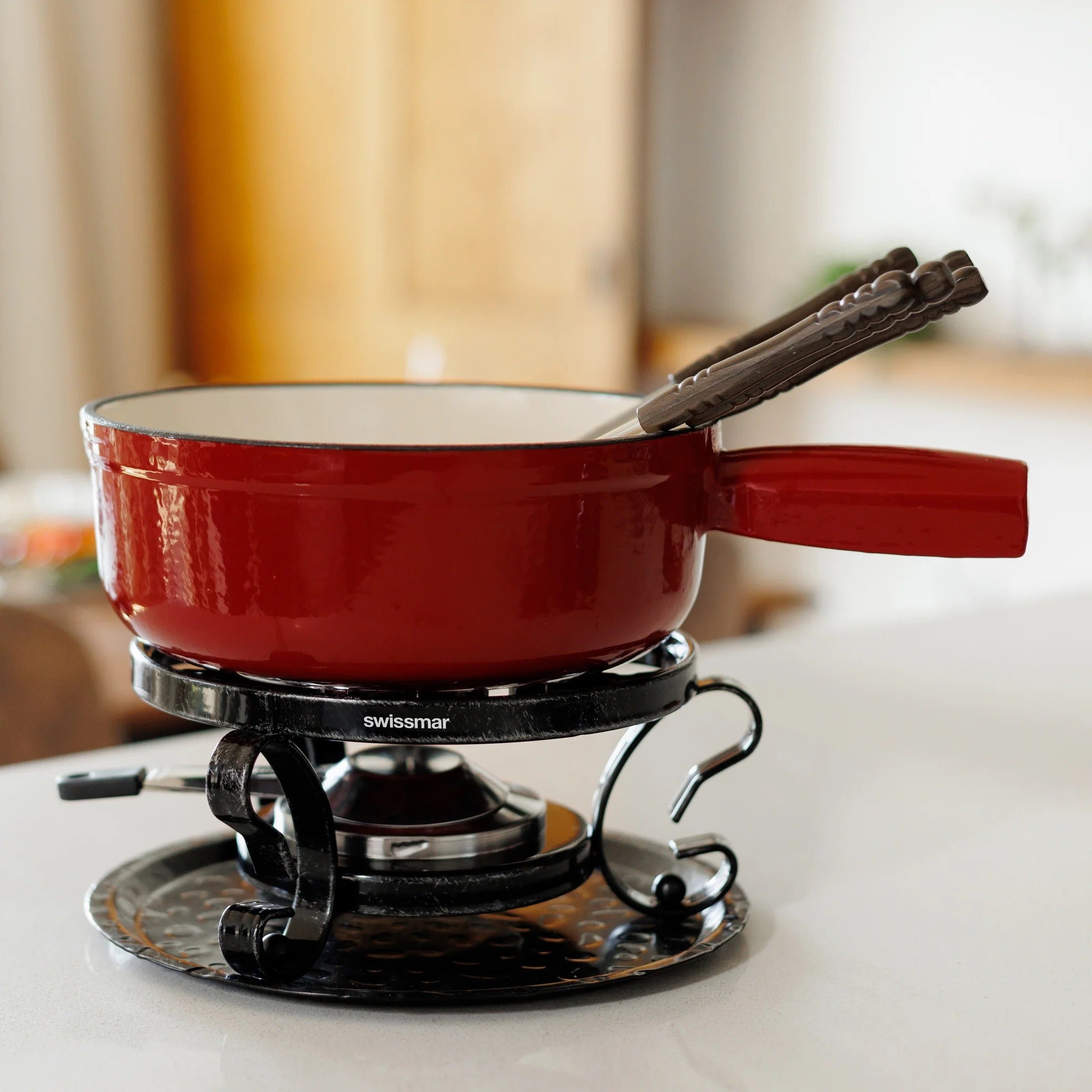 Ensemble à fondue au fromage en fonte émaillée rouge cerise Lugano